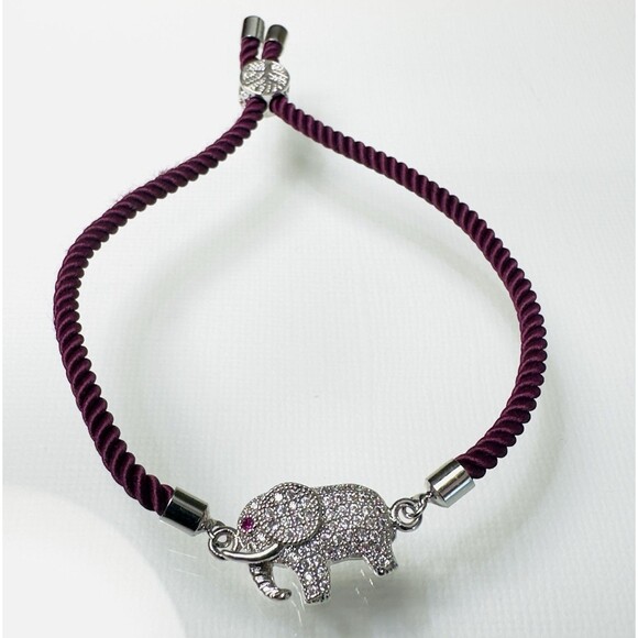 Pavé CZ Elephant Bracelet Red Eye Rhodium Plated Silvertone Adjustable Red Cord - Picture 16 of 16